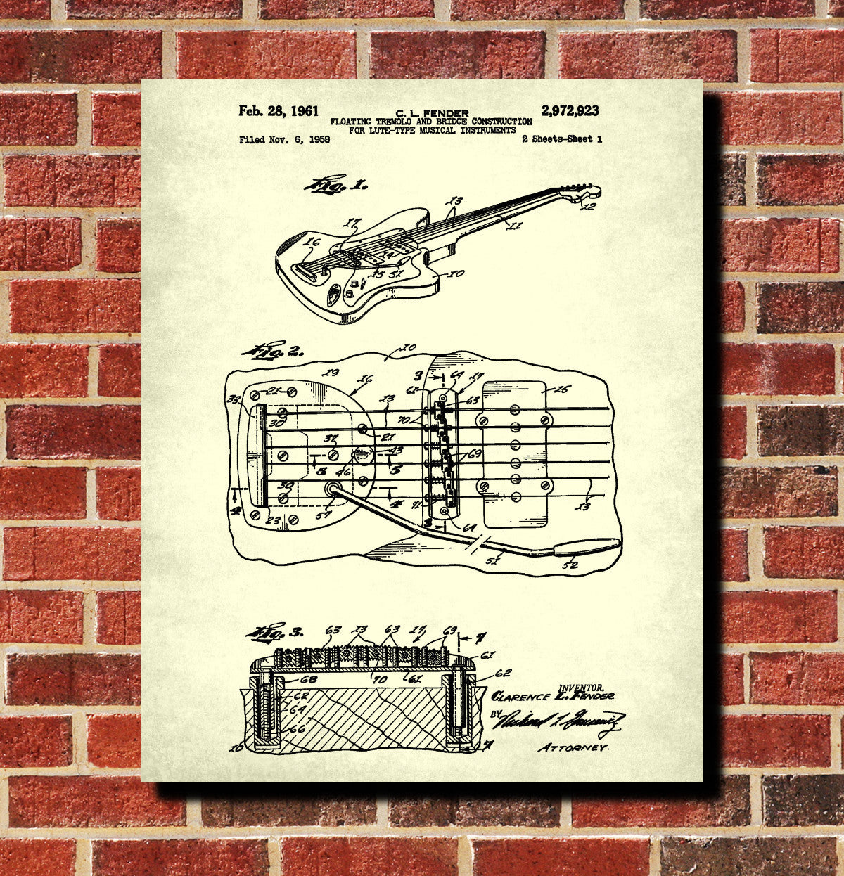 Fender Guitar Blueprint Musical Instrument Patent Print Poster