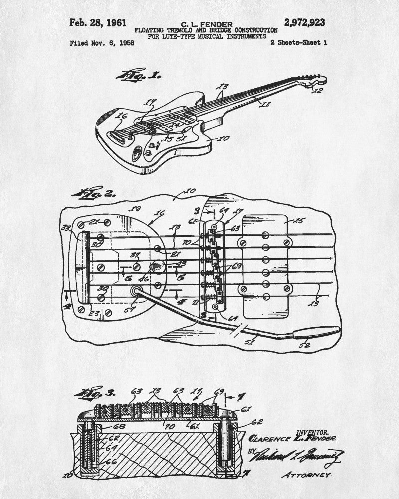 Fender Guitar Blueprint Musical Instrument Patent Print Poster
