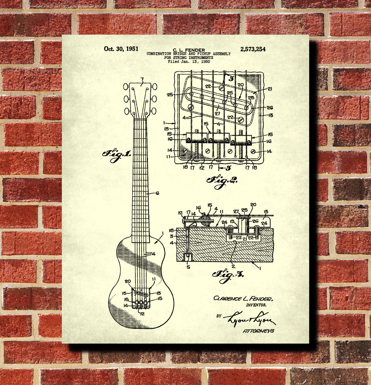 Fender Guitar Blueprint Musical Instrument Patent Print Poster