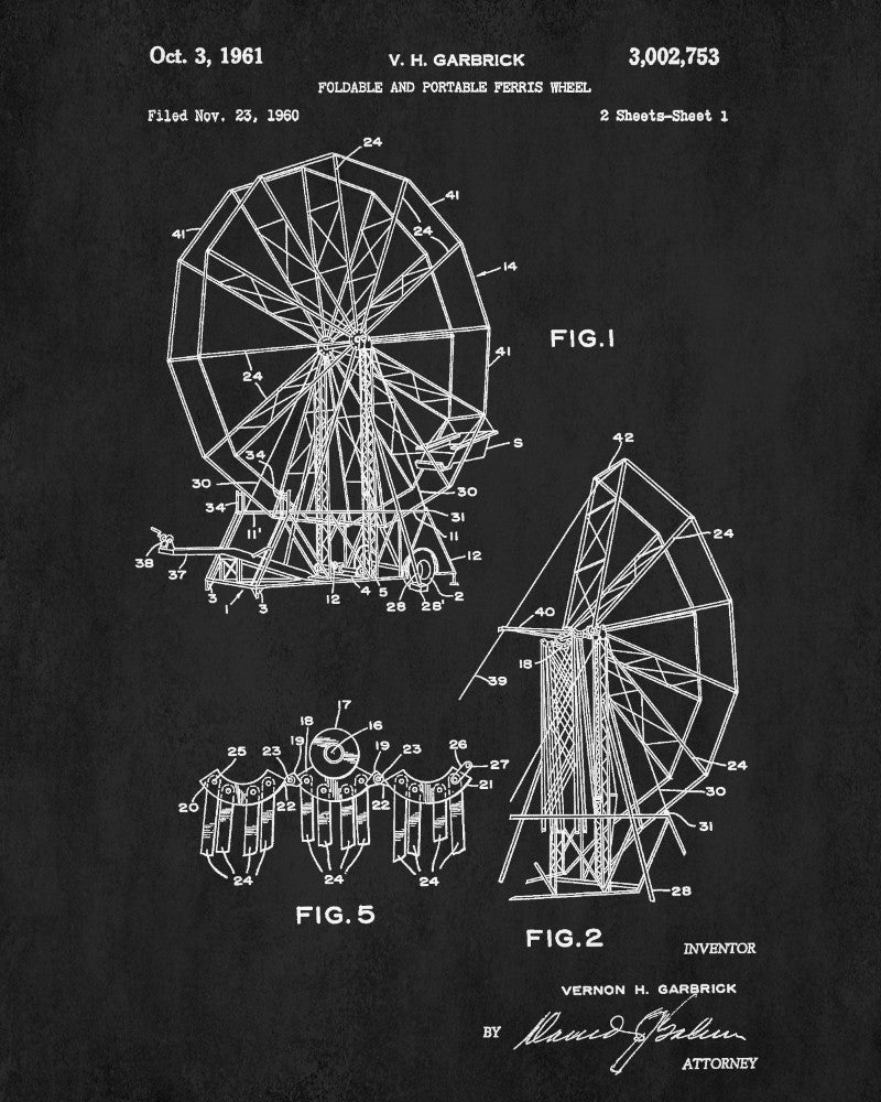 Ferris Wheel Patent Print Carnival Fairground Blueprint Poster