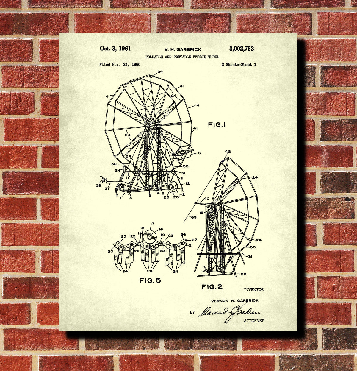 Ferris Wheel Patent Print Carnival Fairground Blueprint Poster