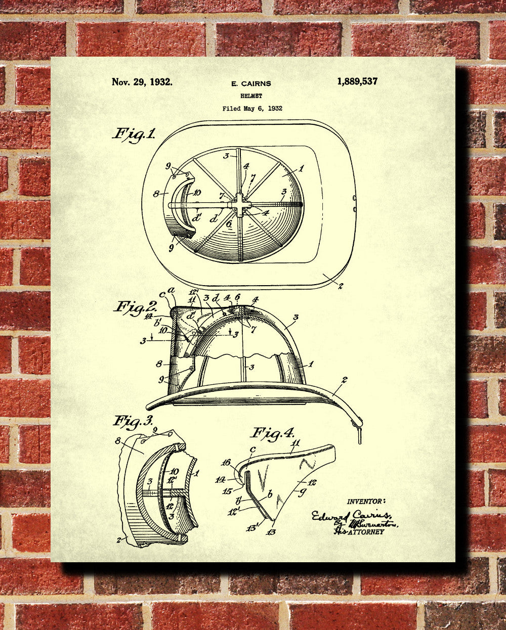 Fire Helmet Patent Print Fireman Blueprint Firefighter Poster