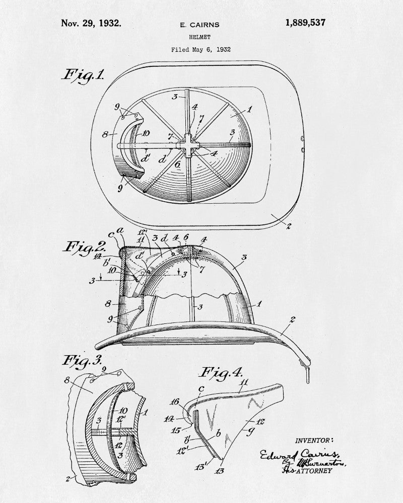 Fire Helmet Patent Print Fireman Blueprint Firefighter Poster