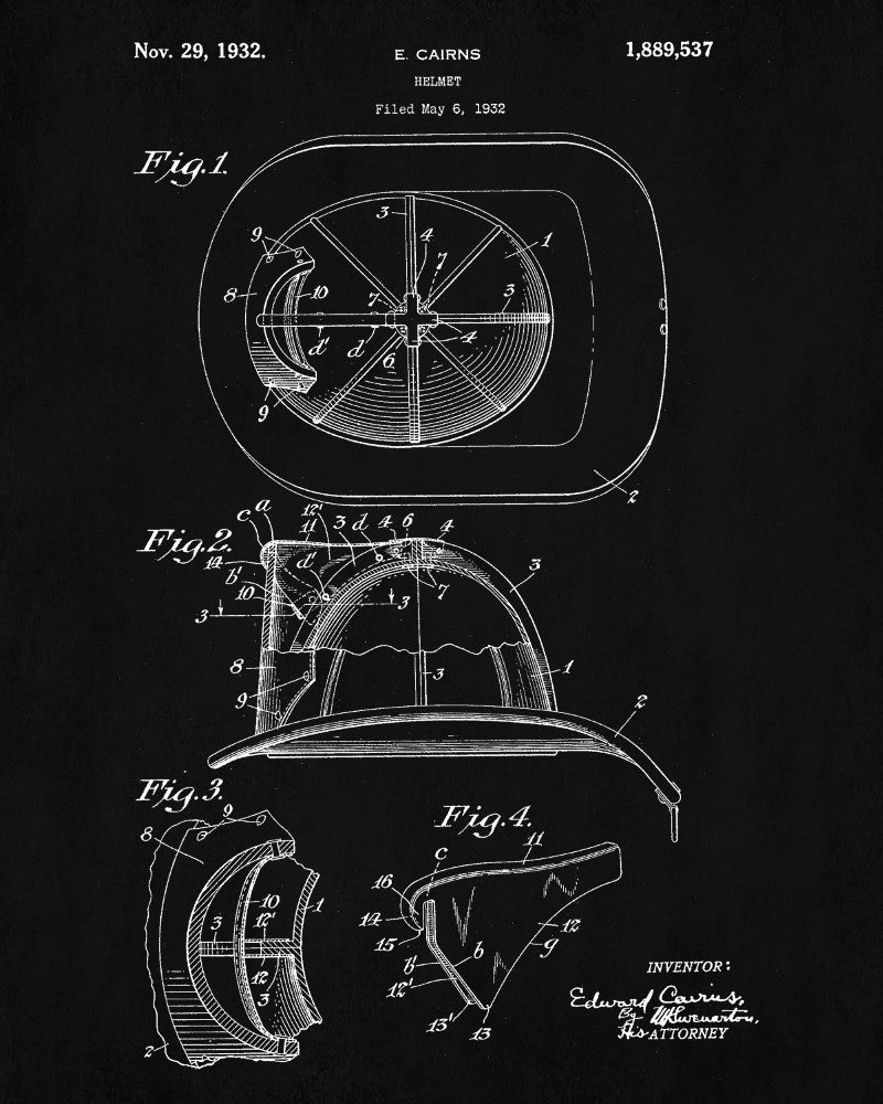 Fire Helmet Patent Print Fireman Blueprint Firefighter Poster