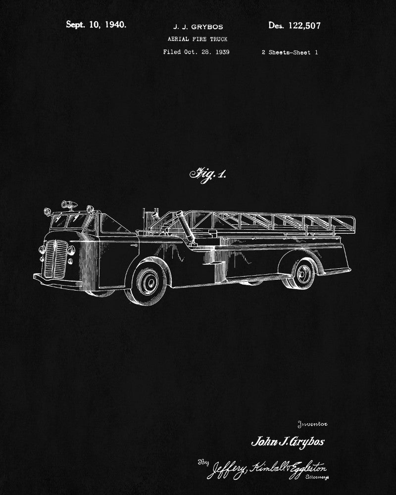 Fire Truck Patent Print Fireman Blueprint Fire Engine Poster