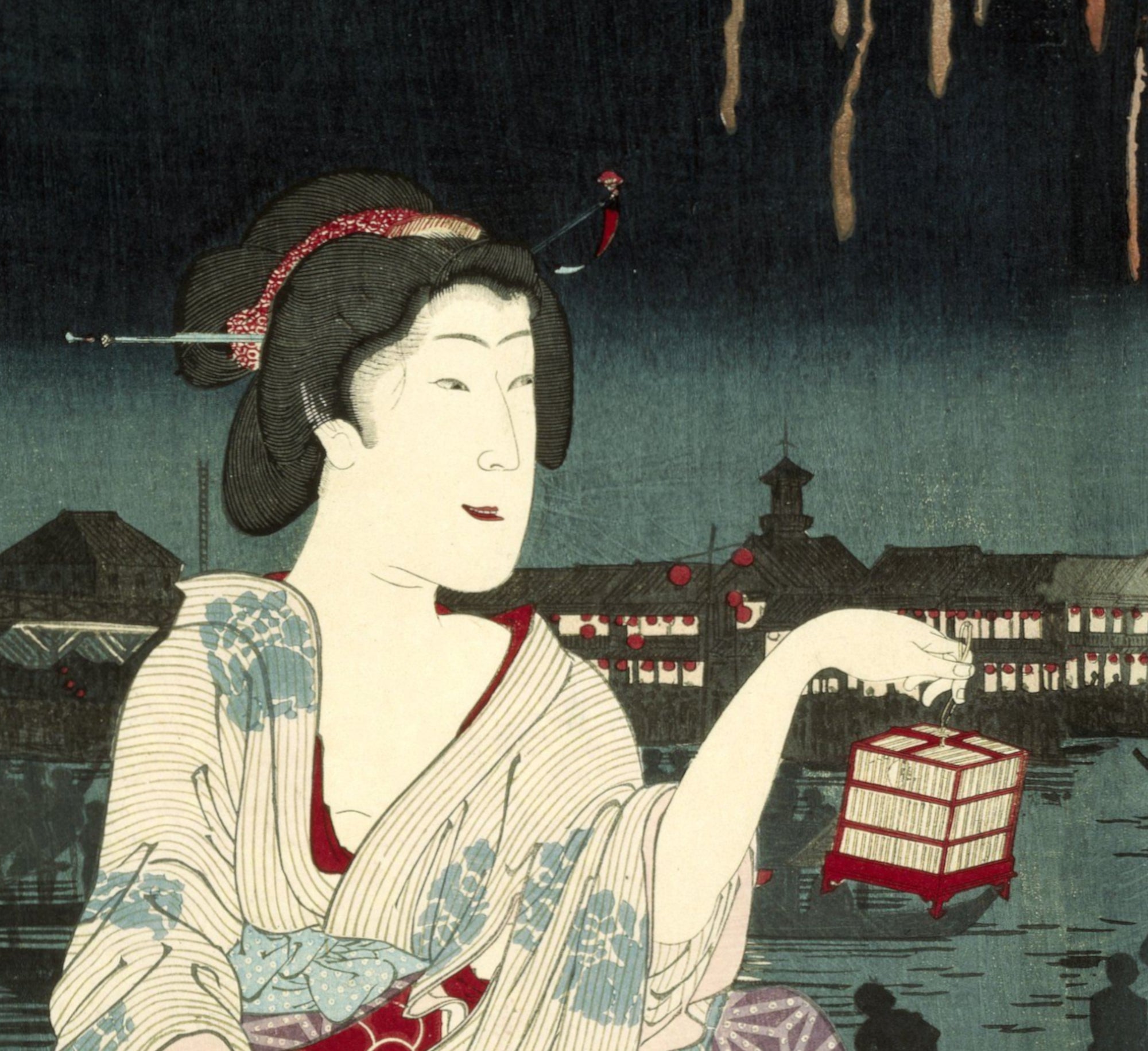 Toyohara Kunichika, Japanese Art Print : fireworks at Ryogoku