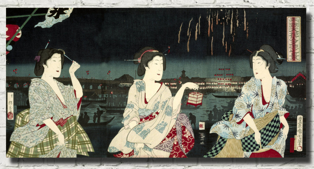 Toyohara Kunichika, Japanese Art Print : fireworks at Ryogoku