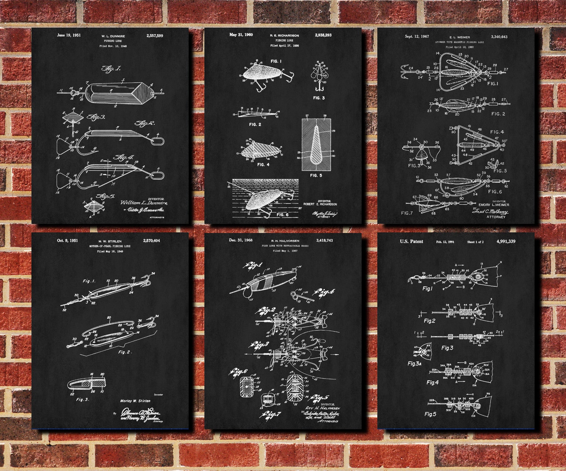 Fishing Lures Patent Prints Set 6 Angling Posters Wall Art