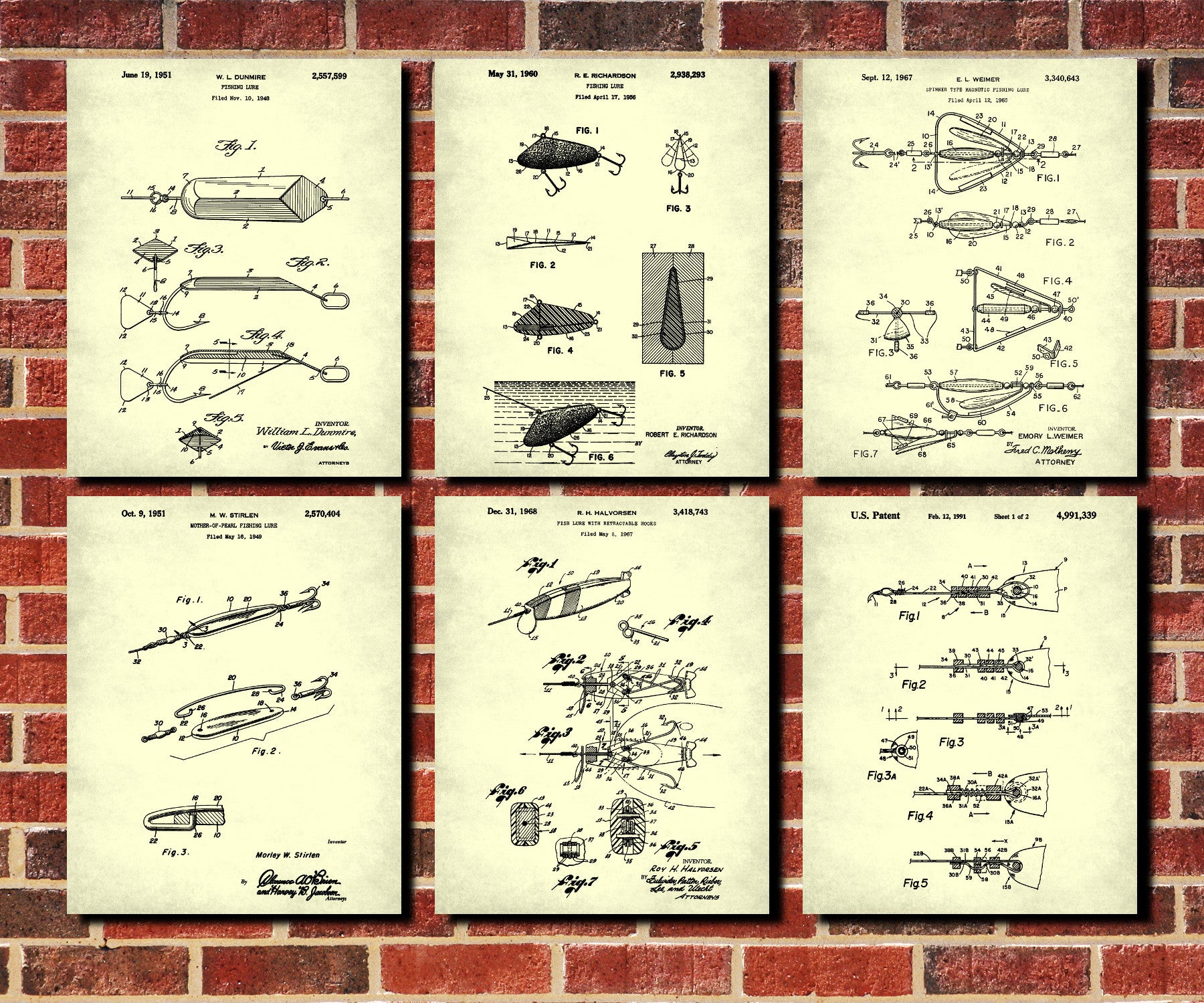 Fishing Lures Patent Prints Set 6 Angling Posters Wall Art