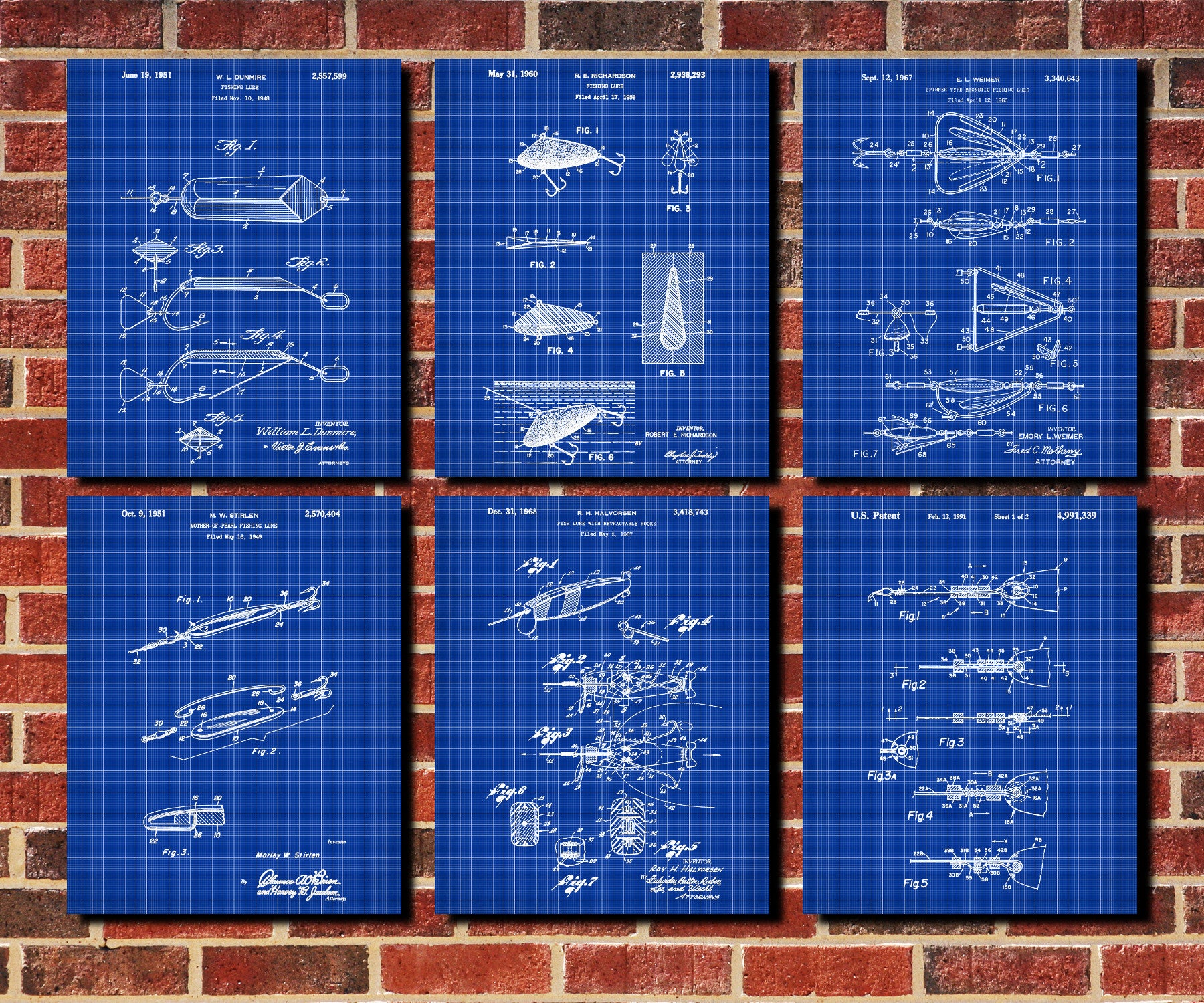 Fishing Lures Patent Prints Set 6 Angling Posters Wall Art