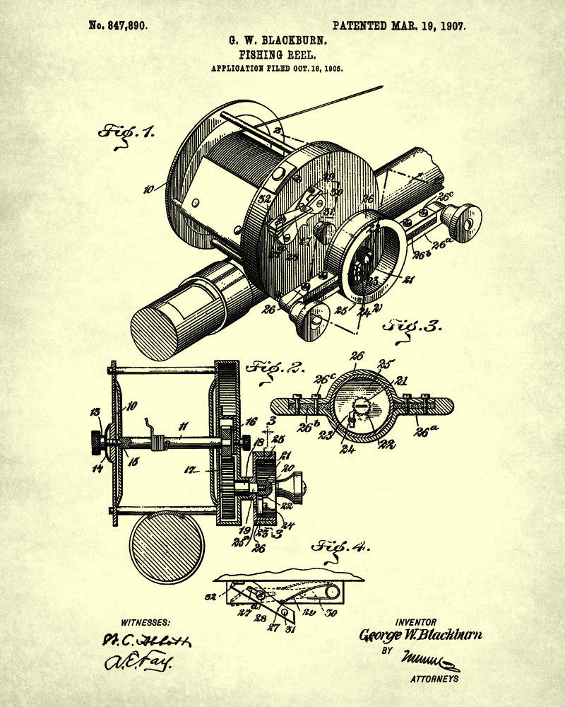 Fishing Reel Blueprint Angling Poster Patent Print