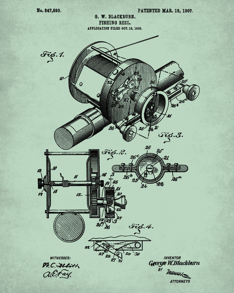 Fishing Reel Blueprint Angling Poster Patent Print