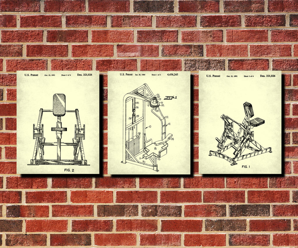 Gym Equipment Patent Prints Set 3 Fitness Blueprint Posters