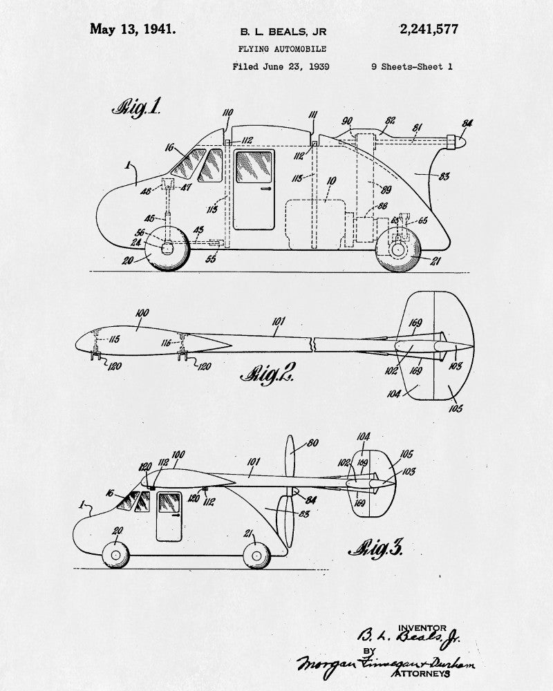 Flying Car Patent Print Aviation Blueprint Atomic Poster