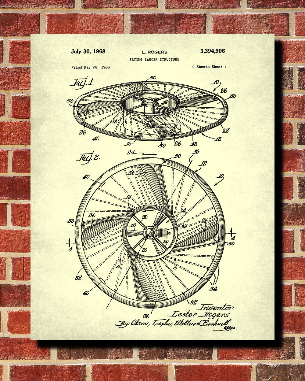 Flying Saucer Patent Print UFO Blueprint Spaceship Poster