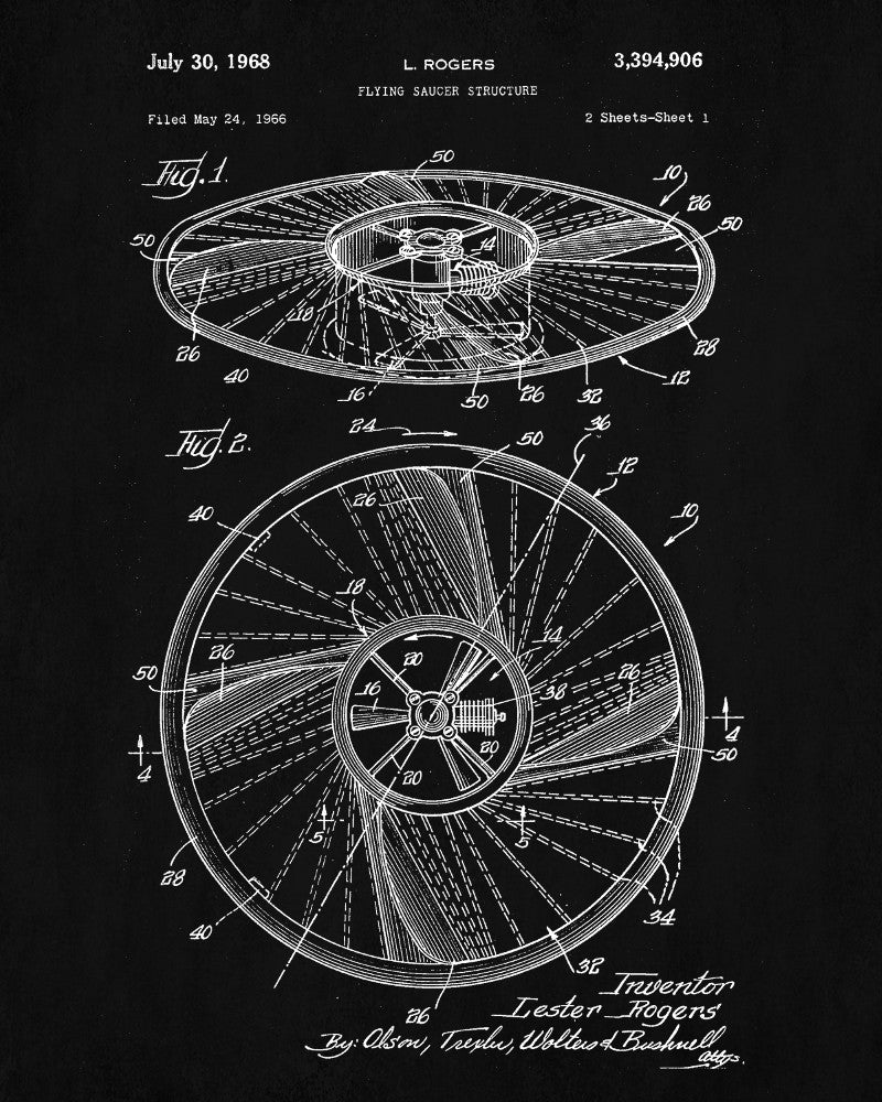 Flying Saucer Patent Print UFO Blueprint Spaceship Poster