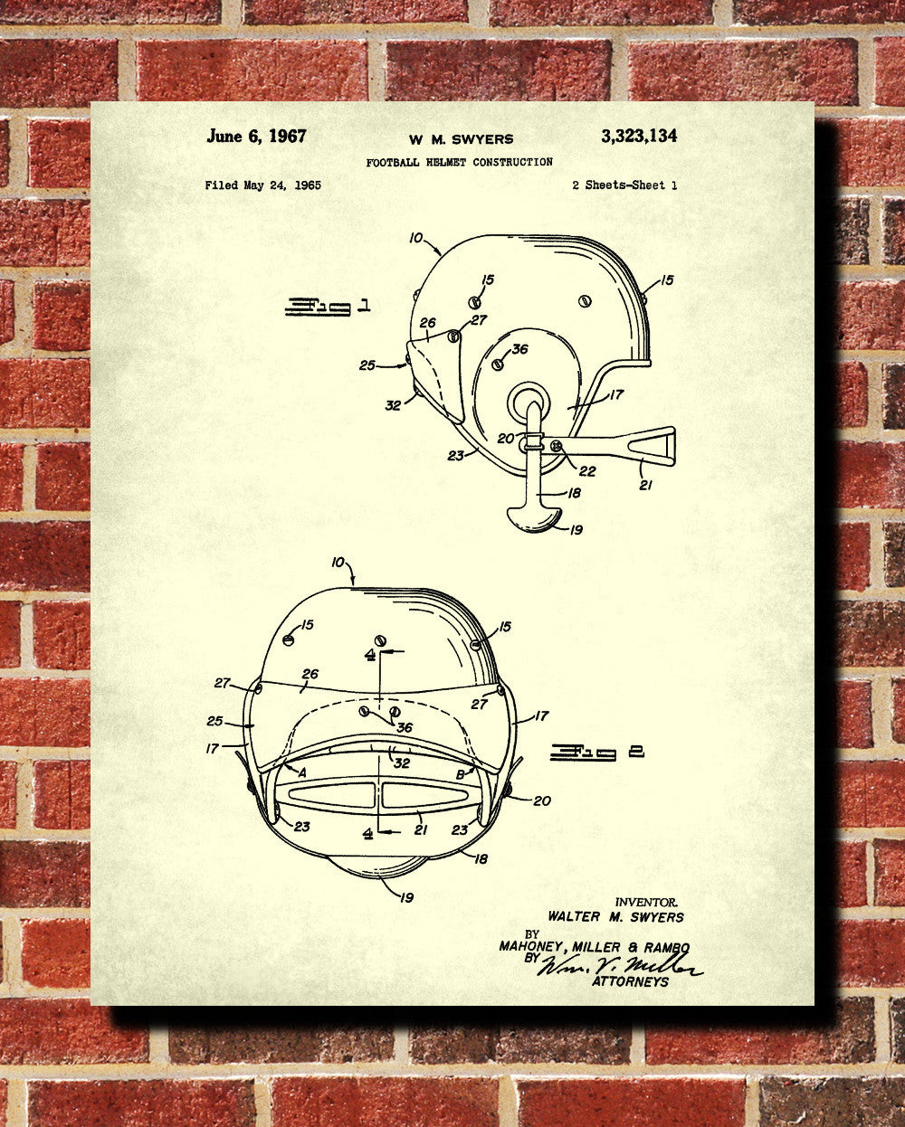 Football Helmet Patent Print Man Cave Poster Sports Blueprint