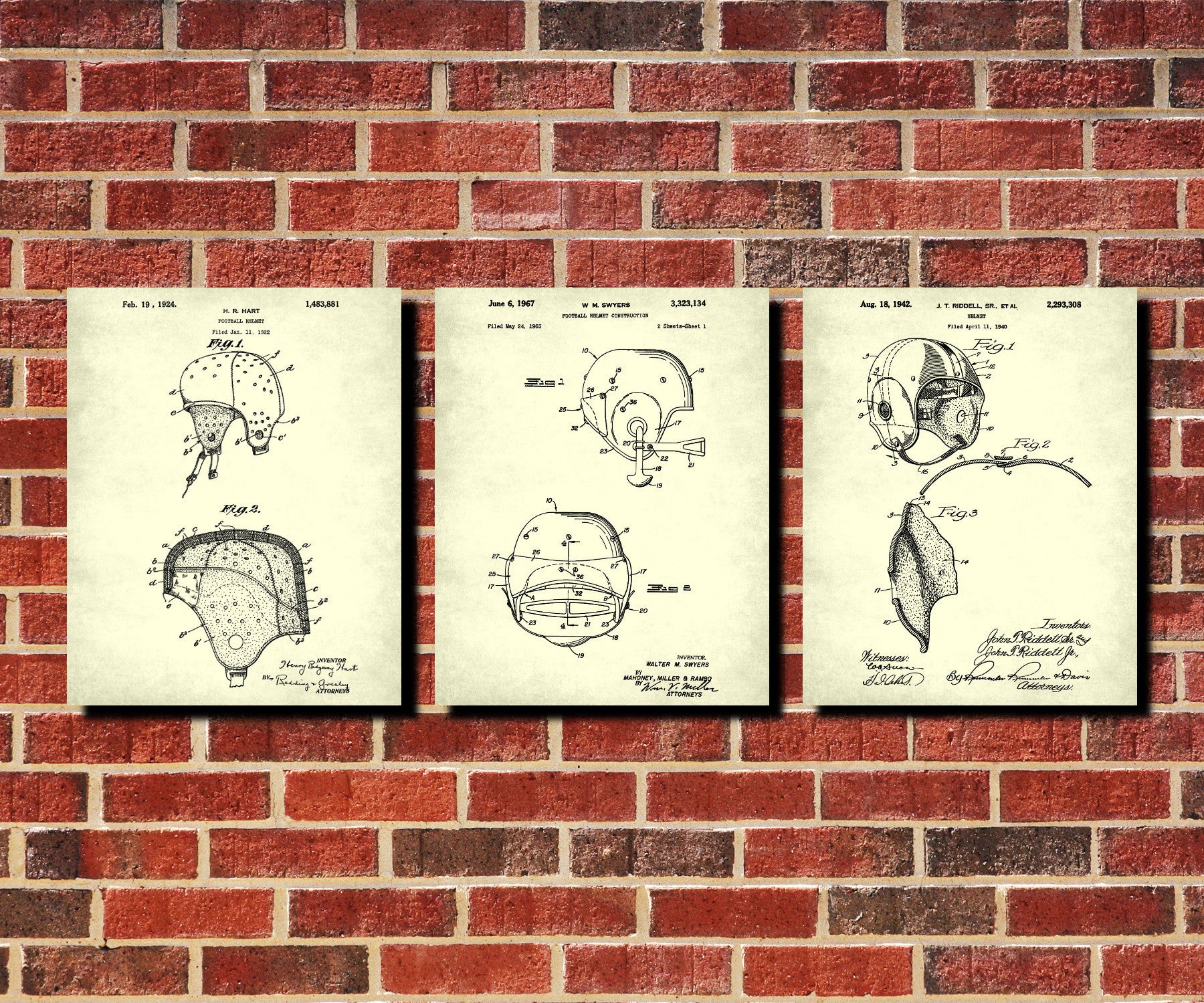 Football Helmets Patent Prints Set 3 Vintage Sports Posters