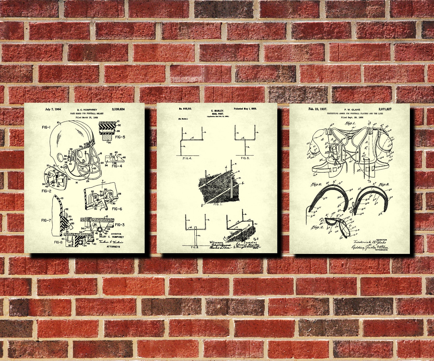 Football Patent Prints Set 3 Vintage Sports Posters