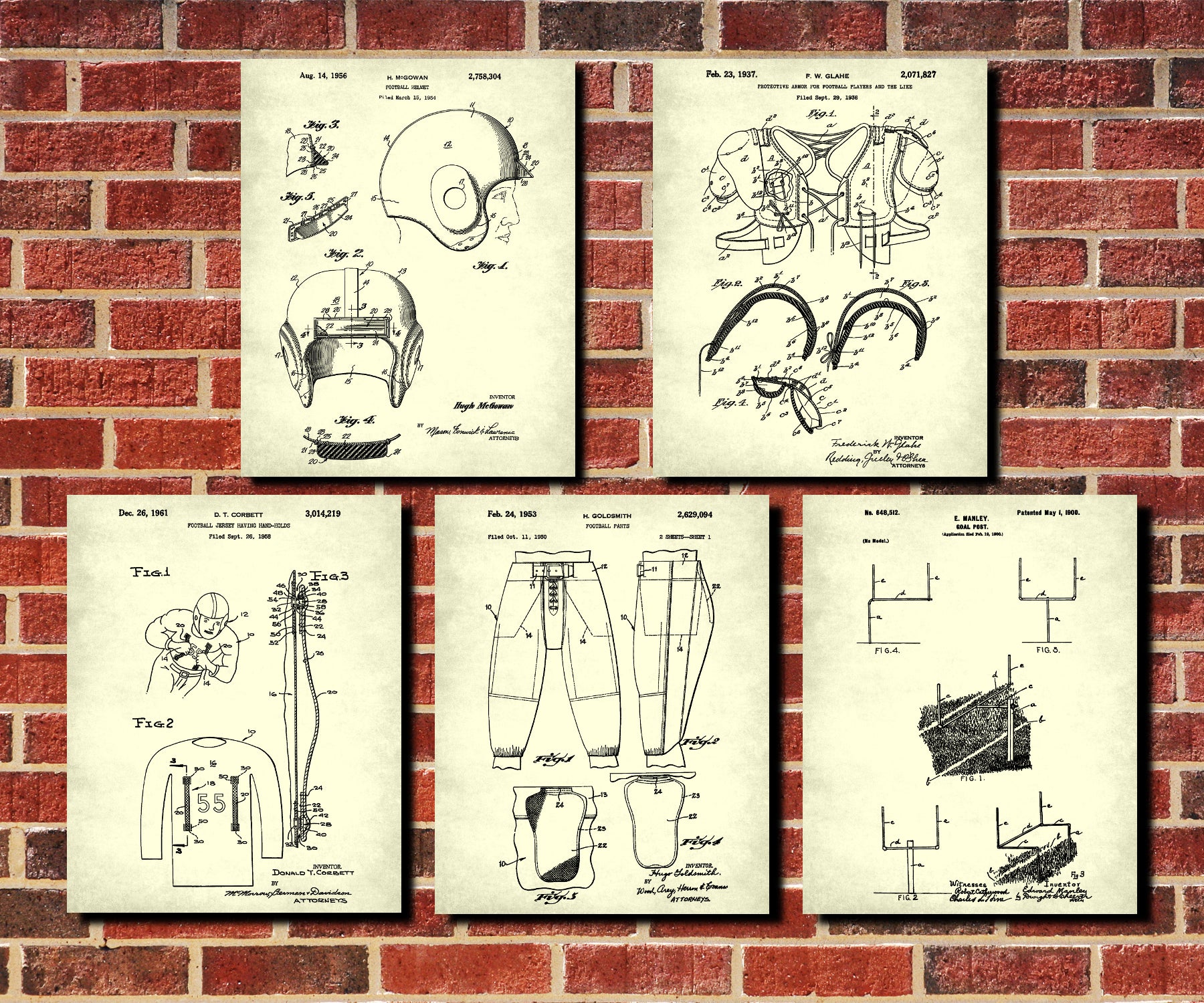 Football Patent Prints Set 5 Sports Blueprint Posters