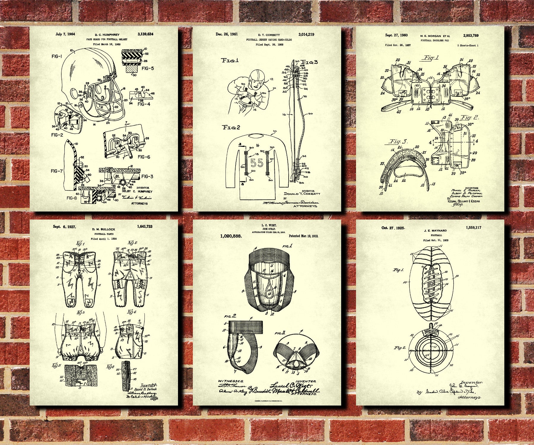 Football Patent Prints Set 6 Sports Blueprint Posters