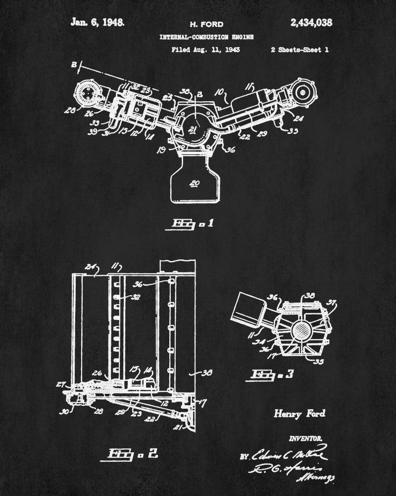 Ford Engine Blueprint Automotive Car Patent Print Garage Poster