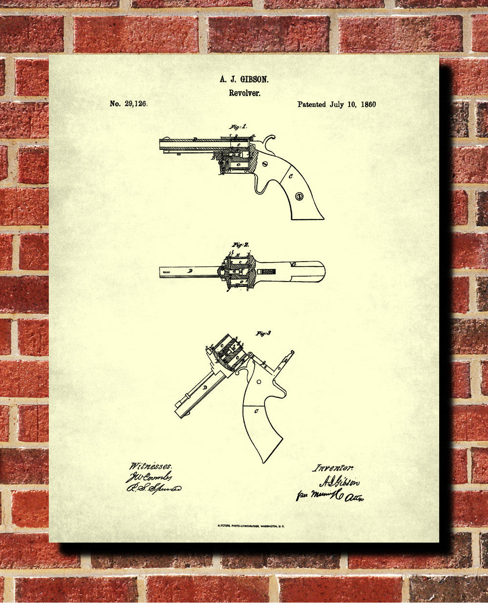 Gibson Revolver Patent Print Handgun Blueprint Shooting Poster - OnTrendAndFab