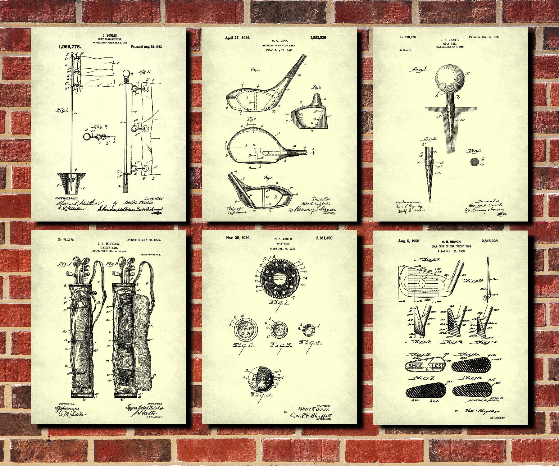 Golf Patent Prints Set 6 Golfing Posters Golfer Gift