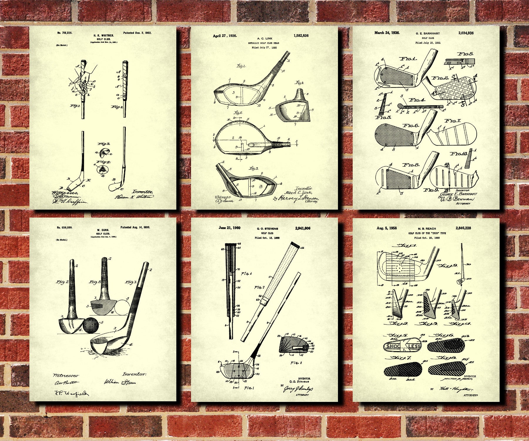 Golf Patent Prints Set 6 Golfing Posters Golfer Gift