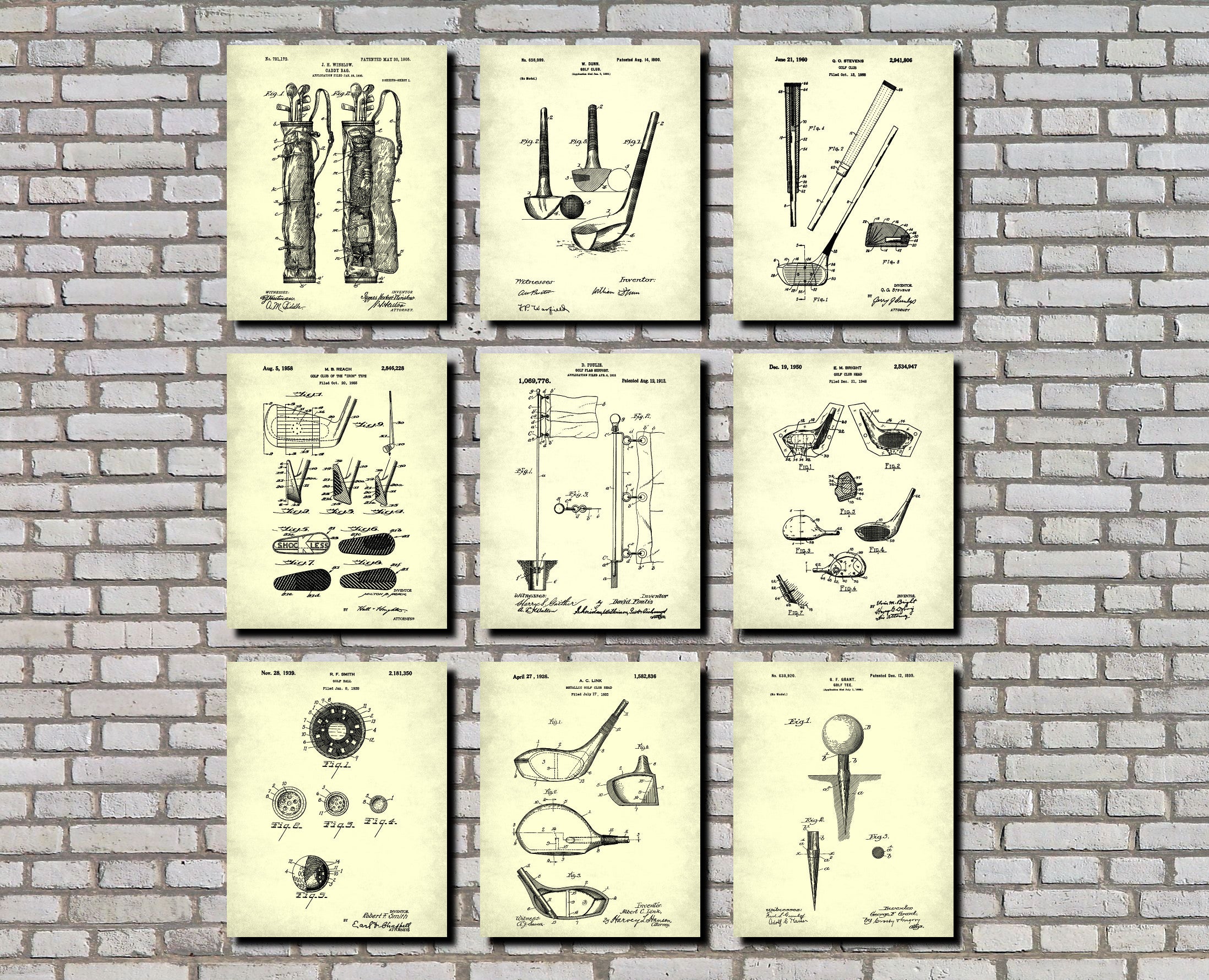 Golf Patent Prints Set 9 Golfing Posters Golfer Gift