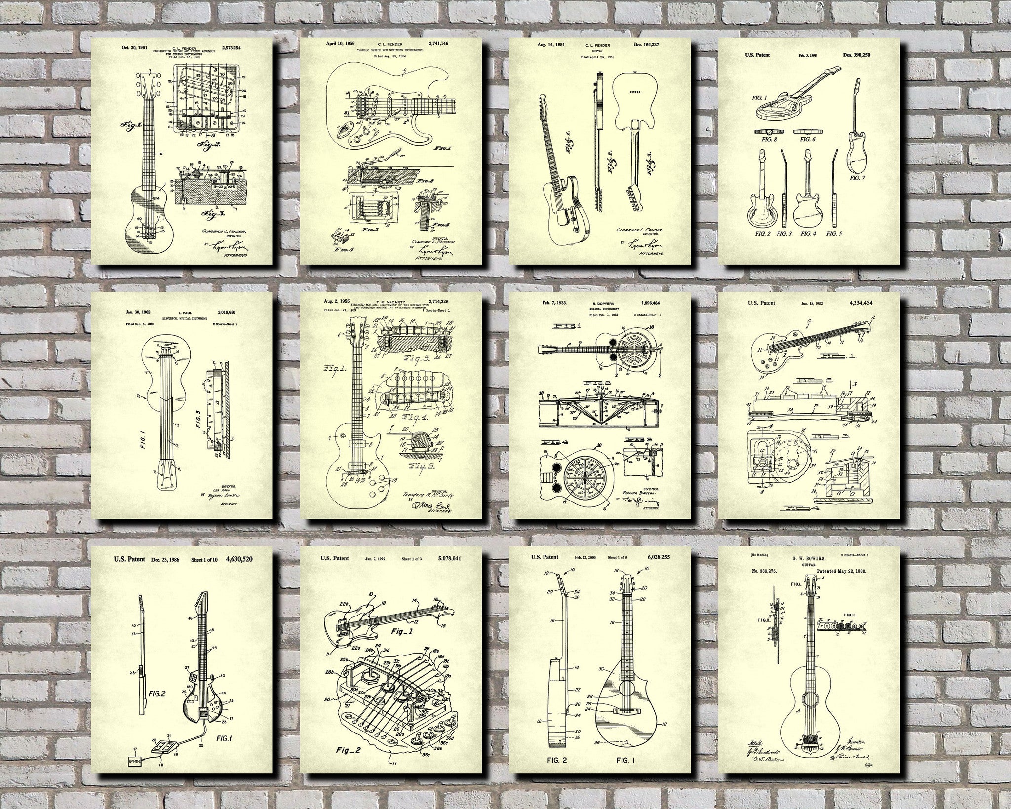Guitar Patent Prints Set of 12 Guitar Blueprints Music Posters