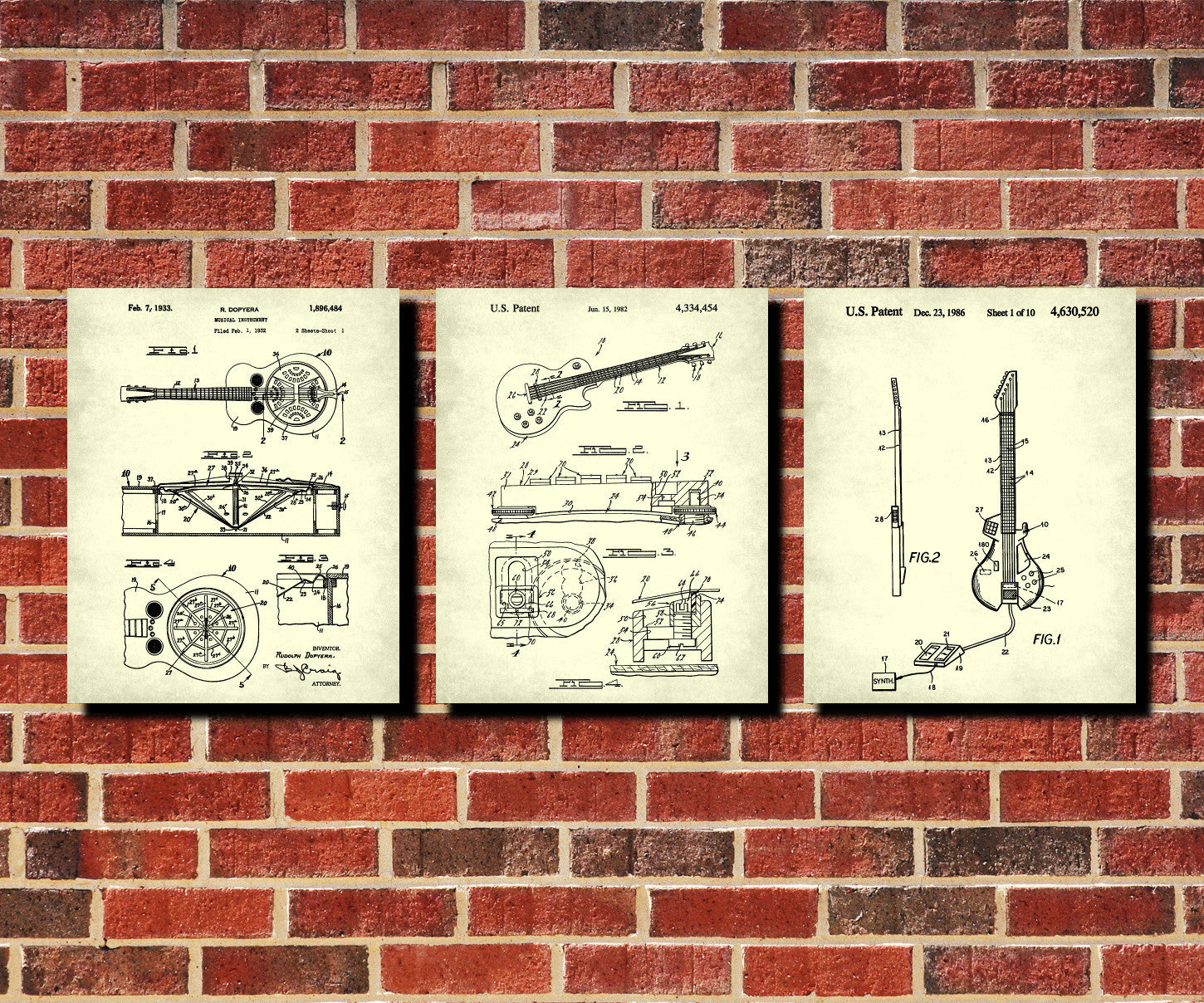 Guitar Patent Prints Set of 3 Guitar Blueprints Guitarist Posters 3C