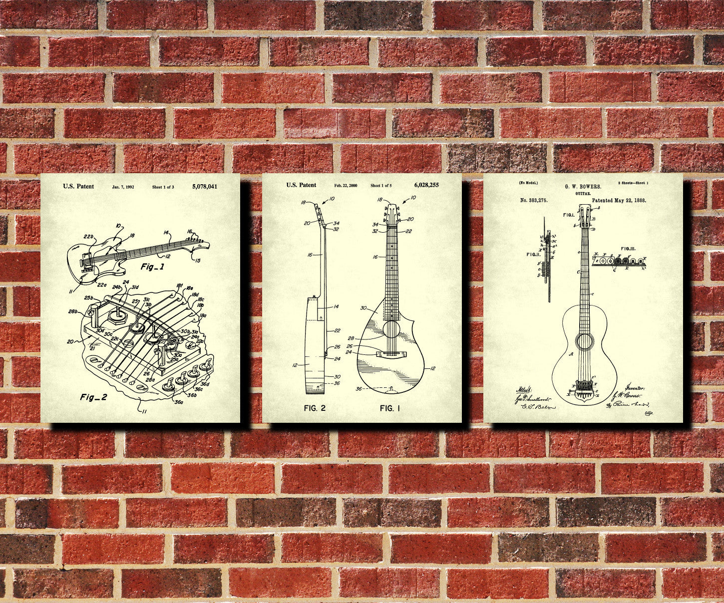 Guitar Patent Prints Set of 3 Guitar Blueprints Guitarist Posters 3D
