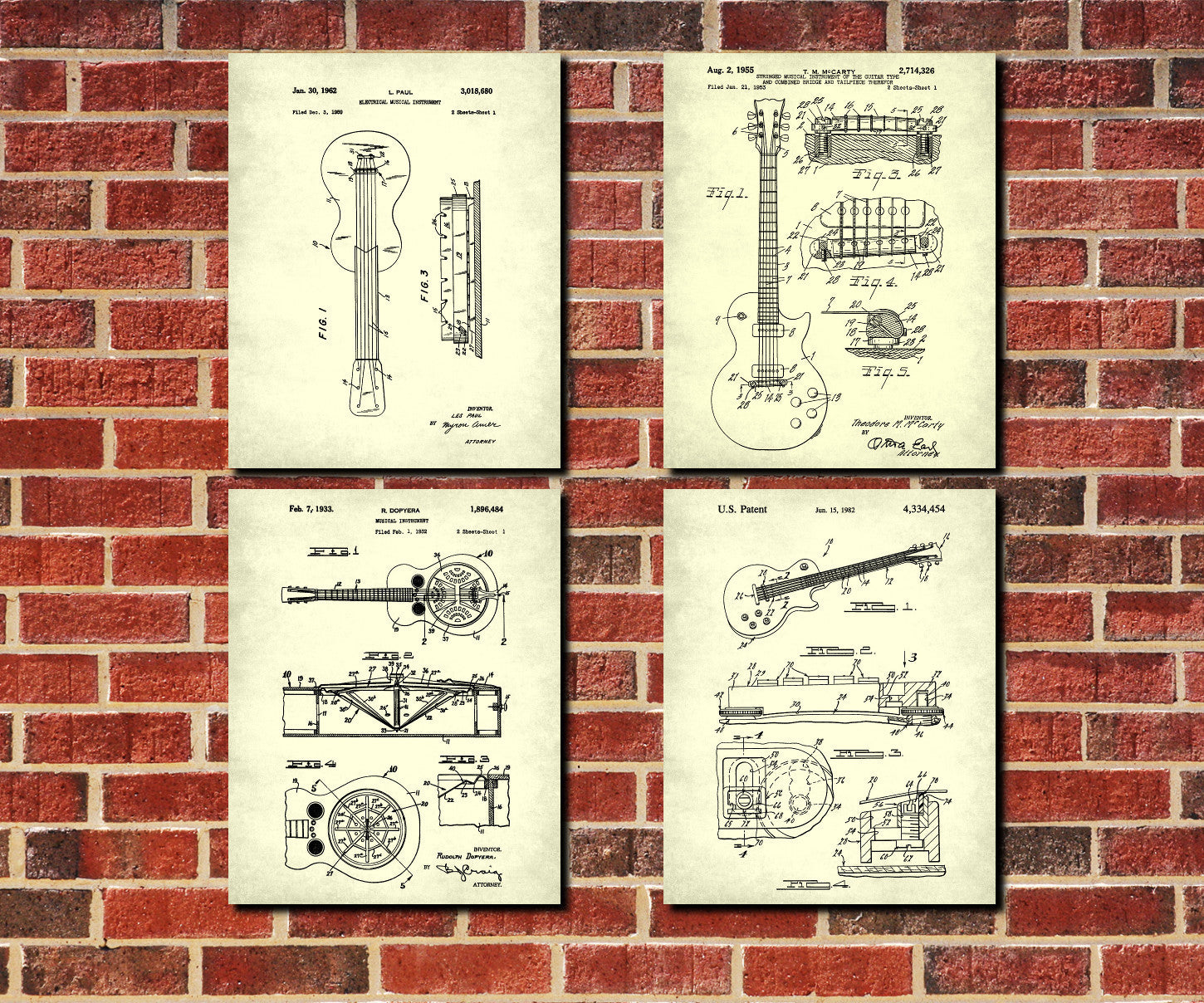 Guitar Patent Prints Set of 4 Guitar Blueprints Guitarist Posters 4B
