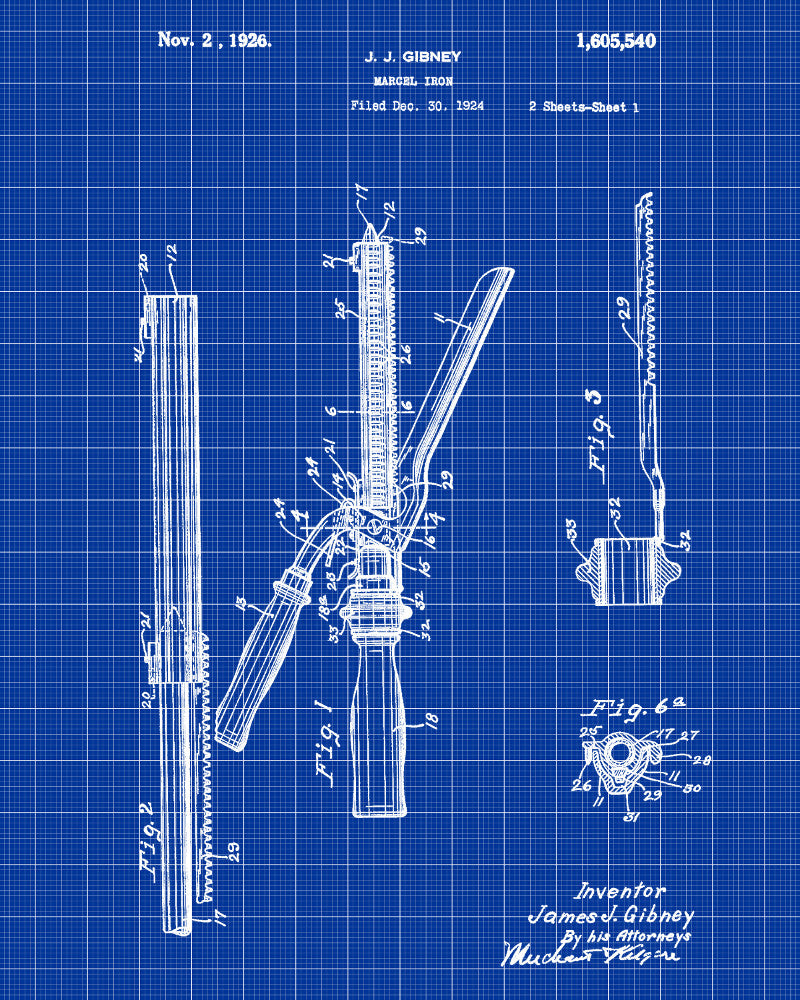 Hair Curler Marcel Iron Patent Print Salon Poster Hairdressing Blueprint