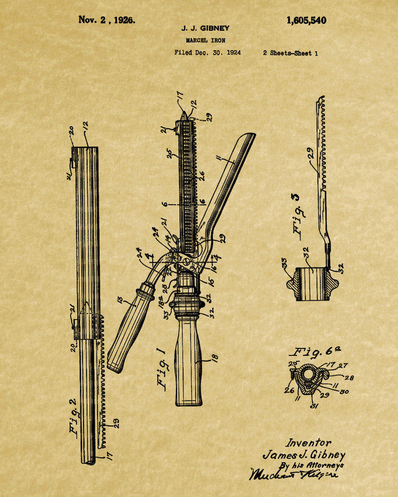 Hair Curler Marcel Iron Patent Print Salon Poster Hairdressing Blueprint