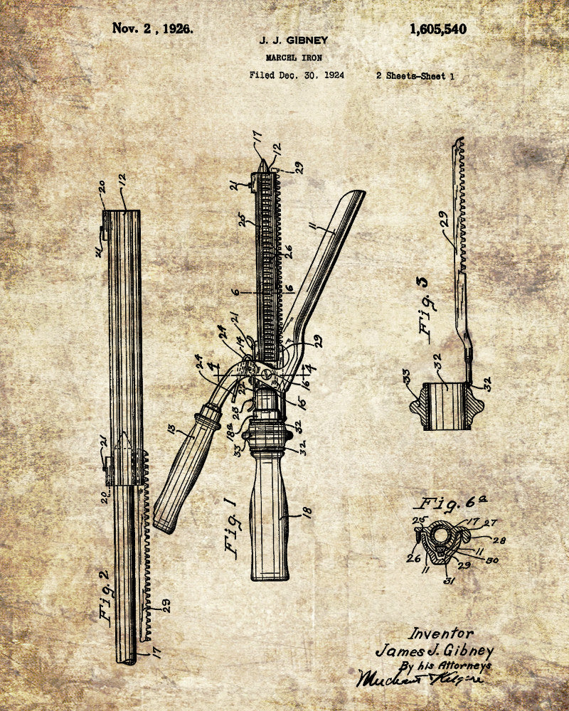 Hair Curler Marcel Iron Patent Print Salon Poster Hairdressing Blueprint