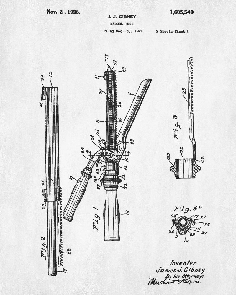 Hair Curler Marcel Iron Patent Print Salon Poster Hairdressing Blueprint