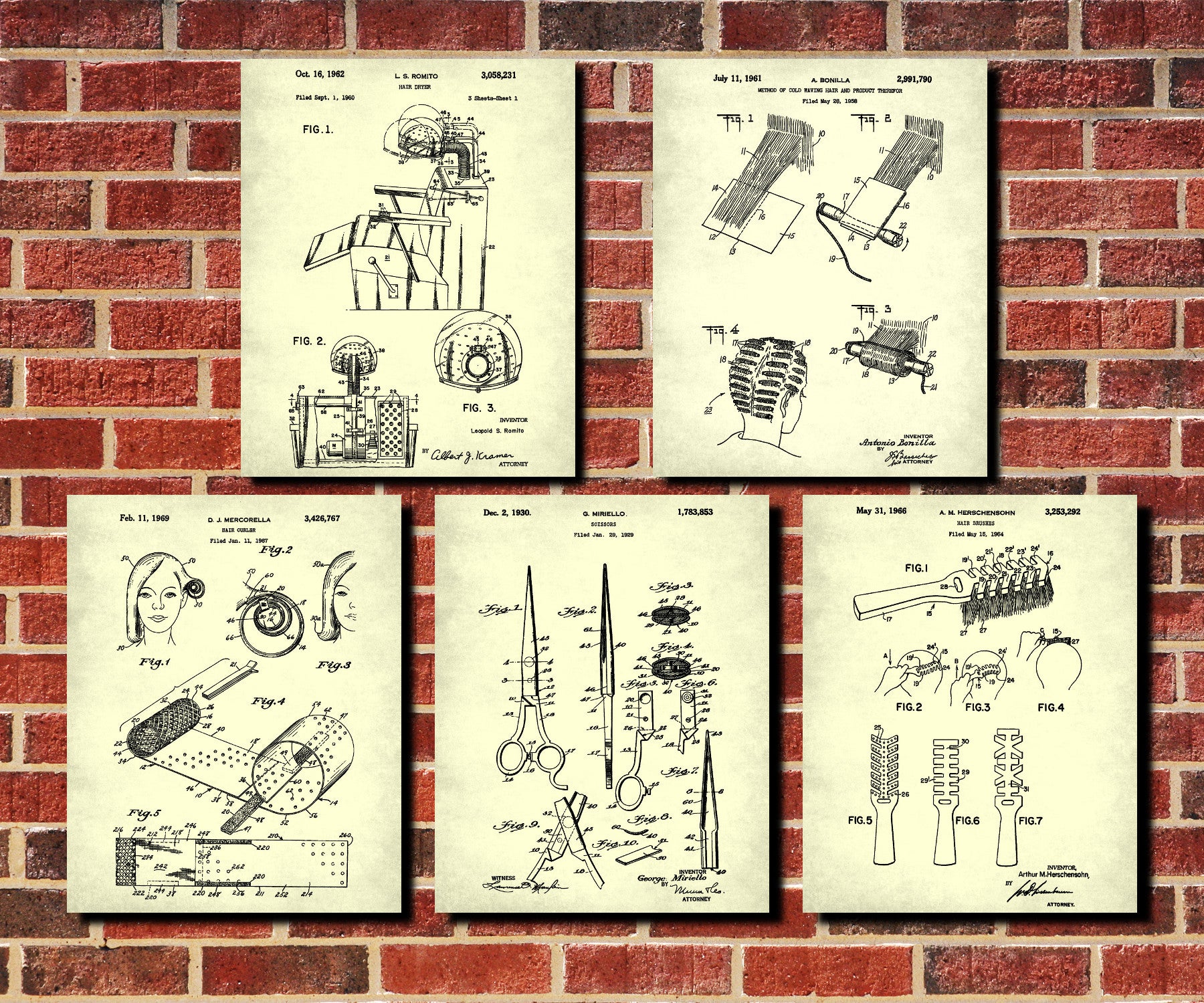 Hair Salon Patent Prints Set 5 Hairdressing Posters Hairdresser