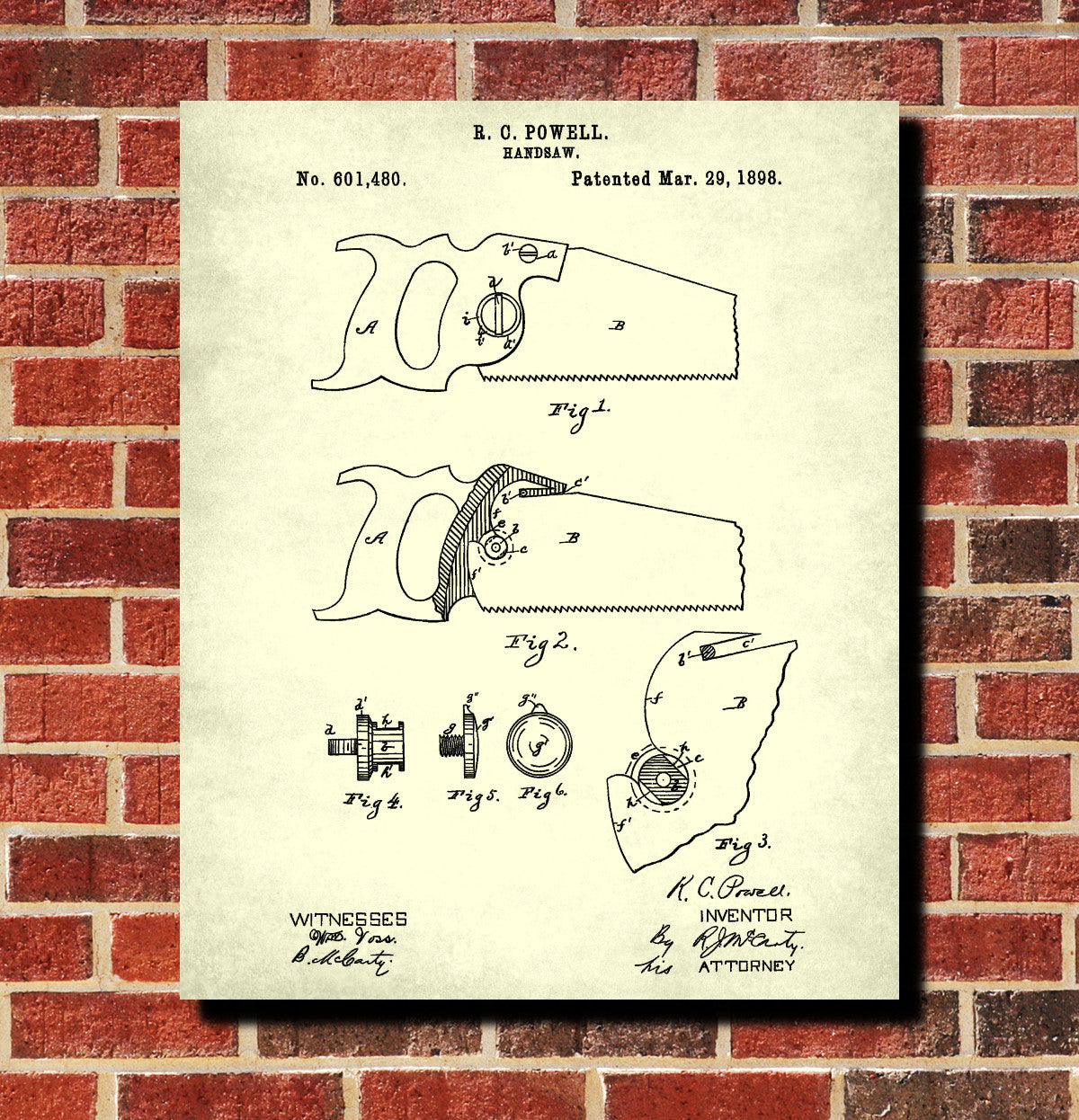 Hand Saw Patent Print Hand Tools Blueprint Workshop Poster