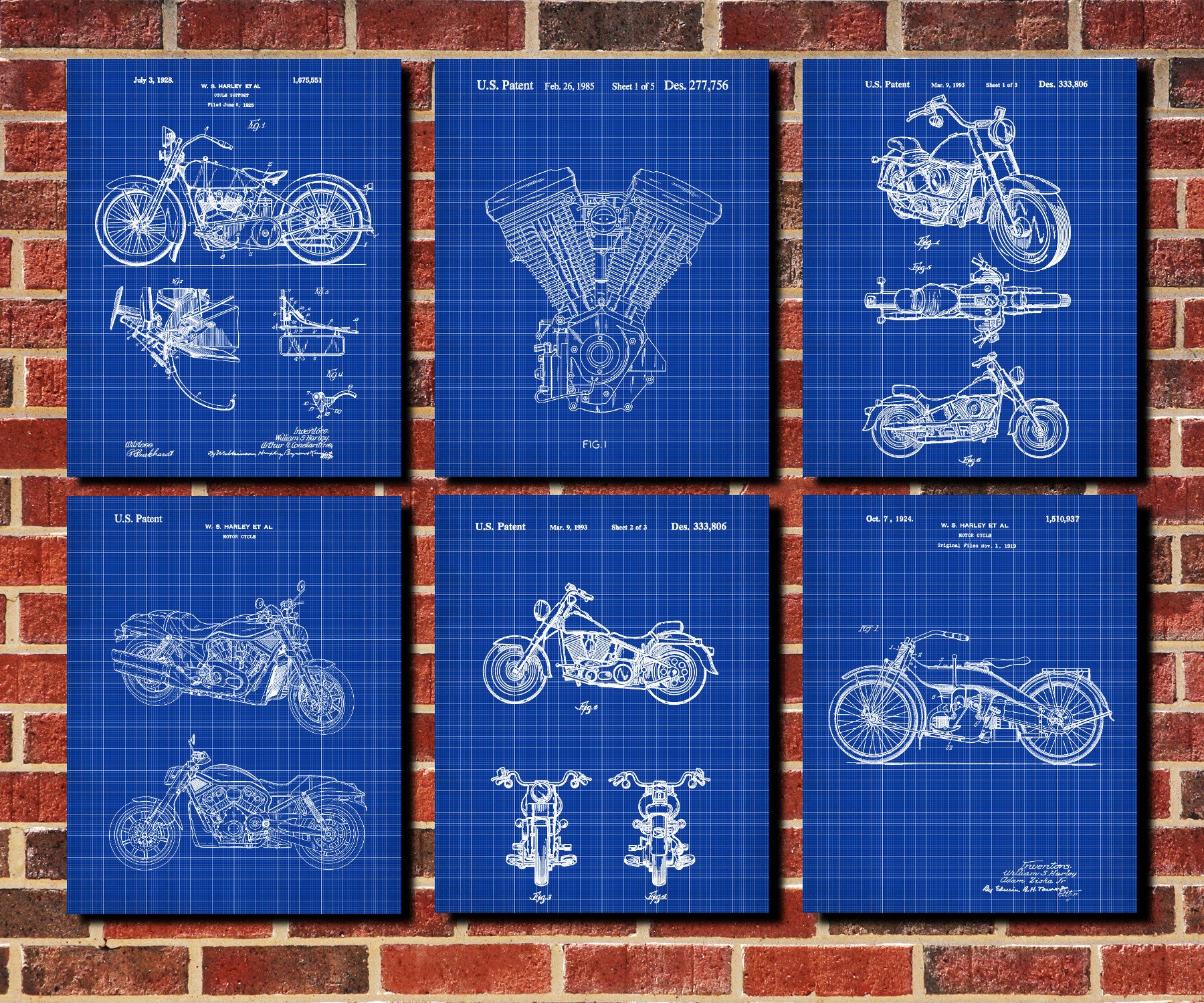 Harley Davidson Patent Prints Set 6 Motorcycle Art Posters