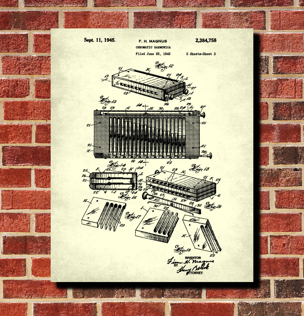 Harmonica Patent Print Musical Instrument Wall Art Music Poster