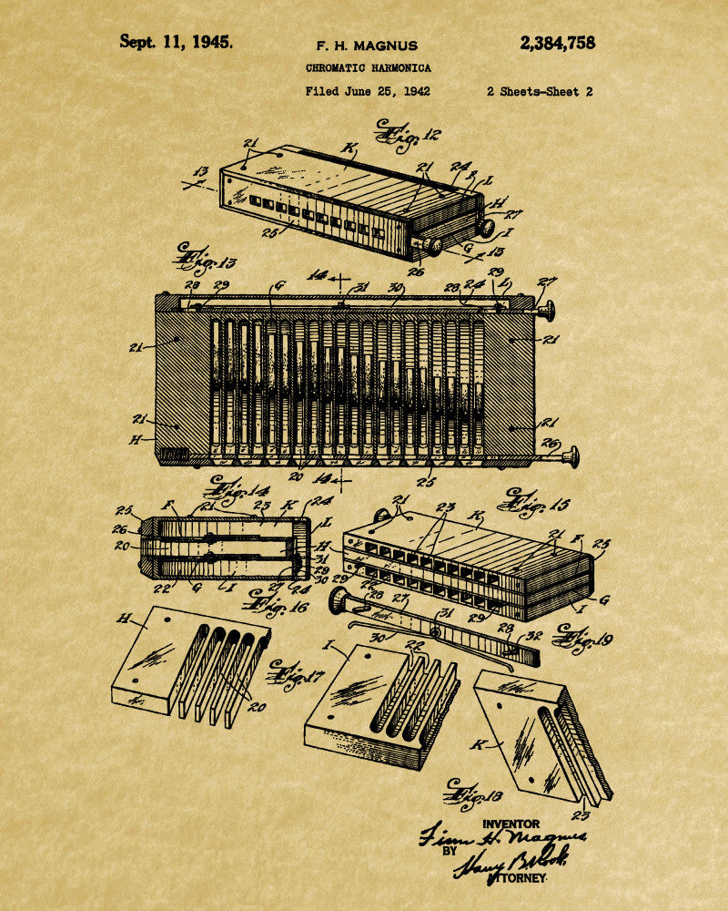Harmonica Patent Print Musical Instrument Wall Art Music Poster