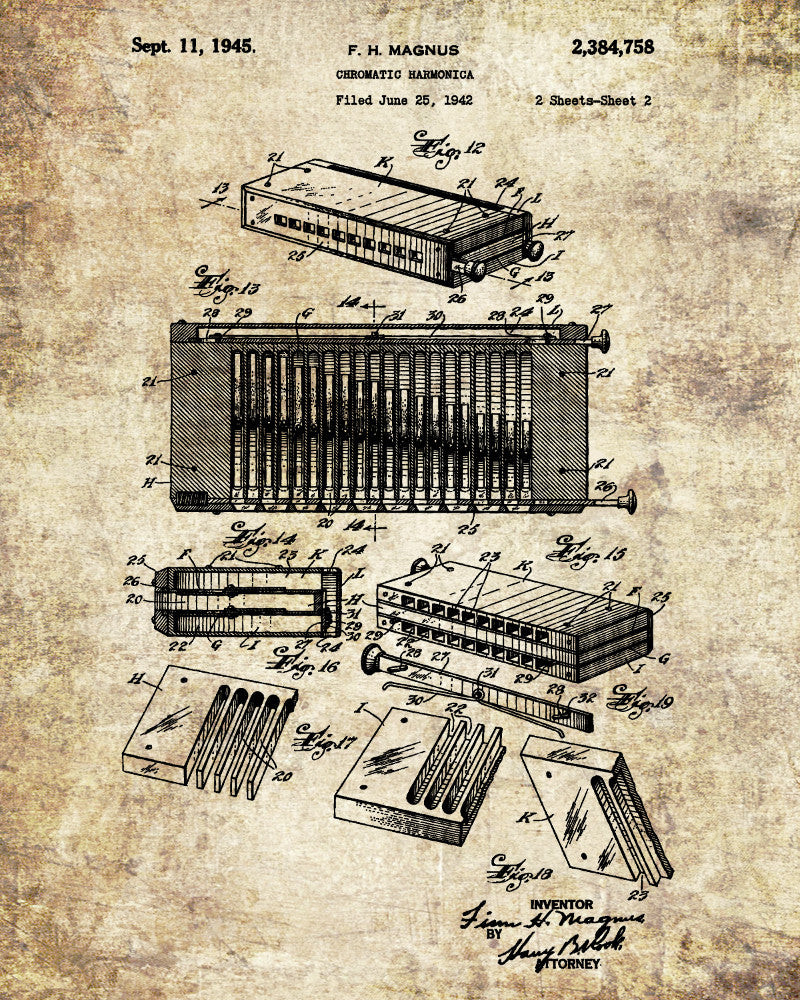 Harmonica Patent Print Musical Instrument Wall Art Music Poster