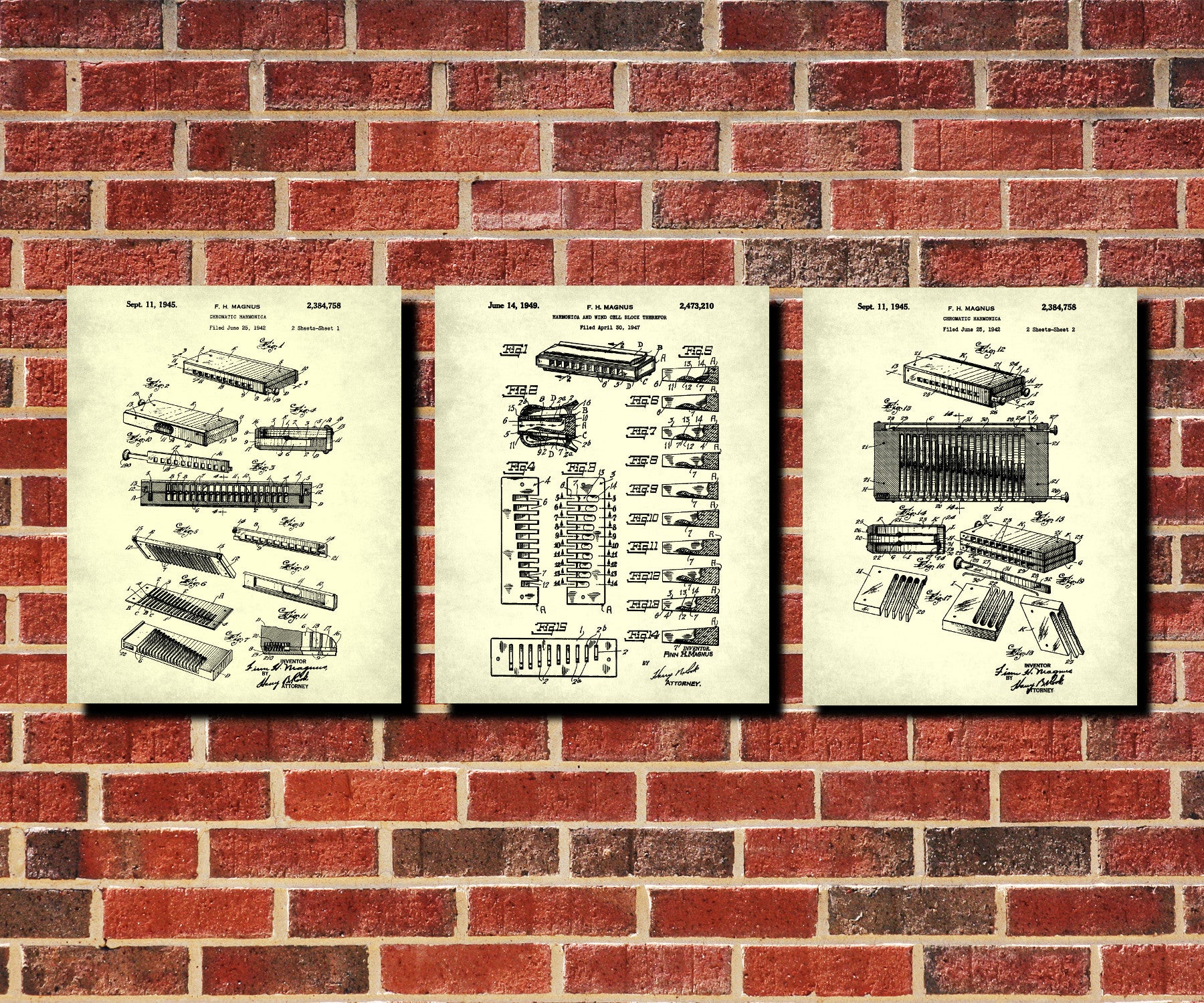 Harmonica Patent Prints Set 3 Musical Instruments Posters