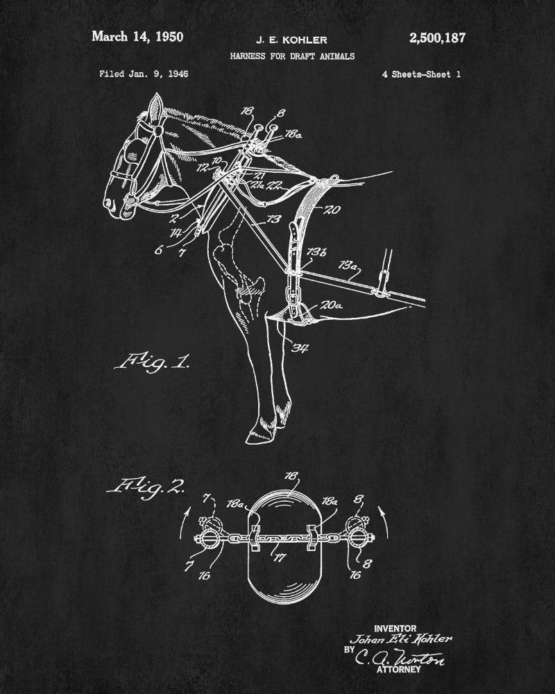 Vintage Farming Patent Print, Horse Harness Blueprint