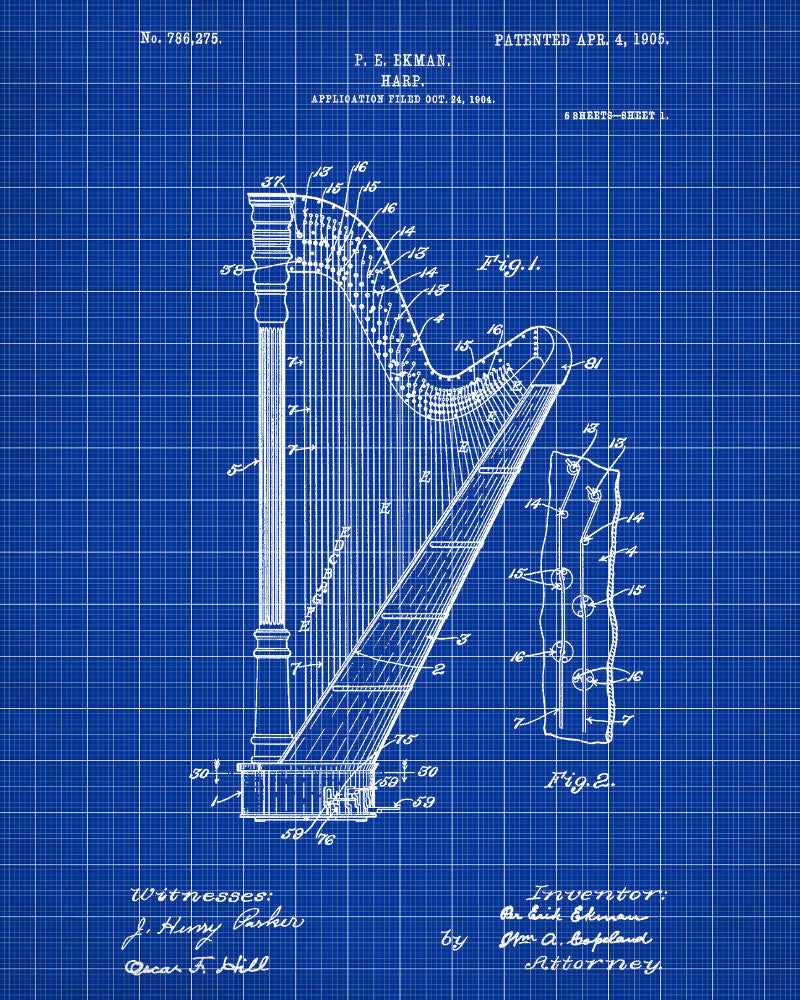 Harp Patent Print Orchestra Musical Instrument Wall Art Poster