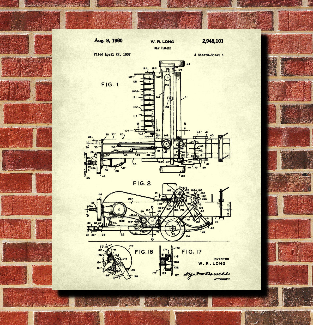 Farming Equipment Patent Print, Hay Baler Blueprint