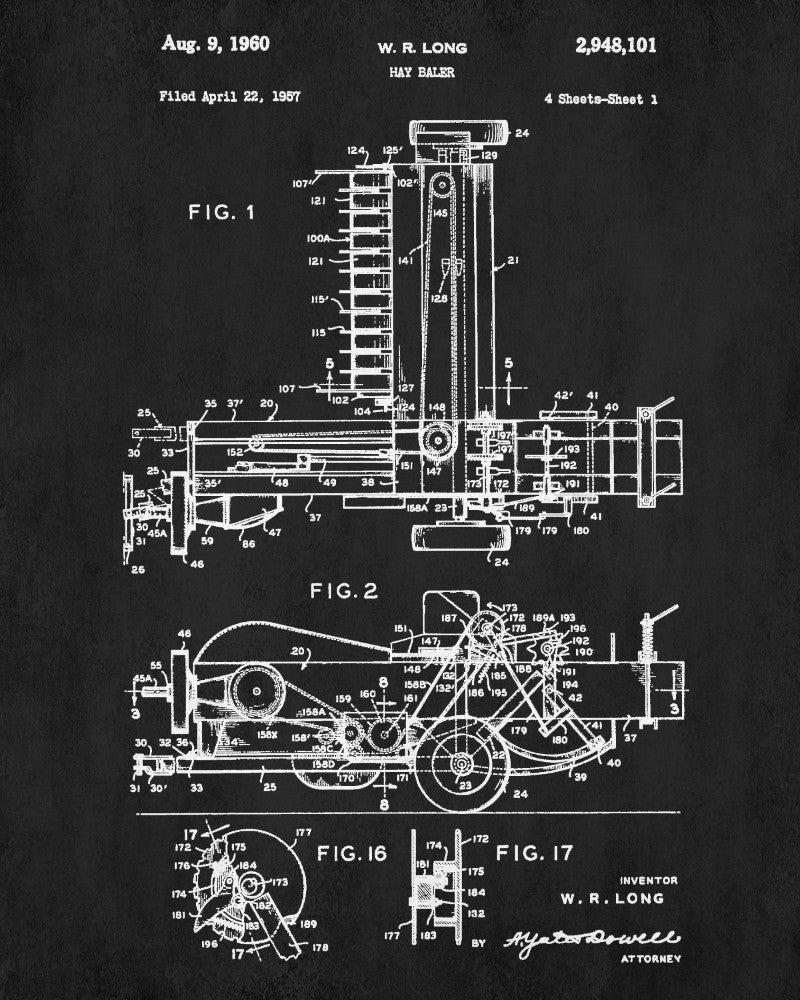Farming Equipment Patent Print, Hay Baler Blueprint
