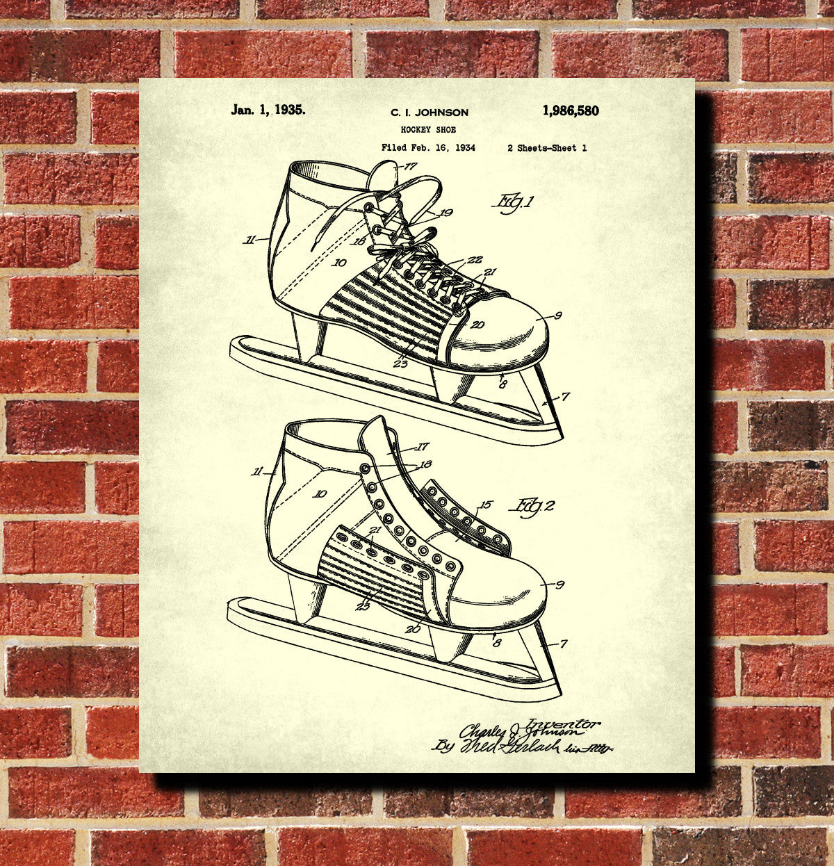 Ice Hockey Skate Boot Patent Print Sports Wall Art